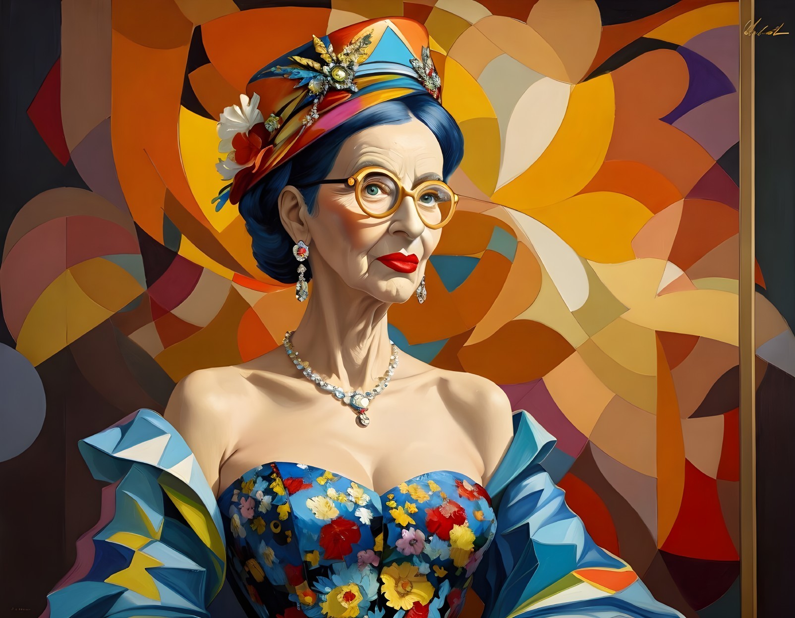 Glamorous Older Woman with Blue Hair and Floral Dress