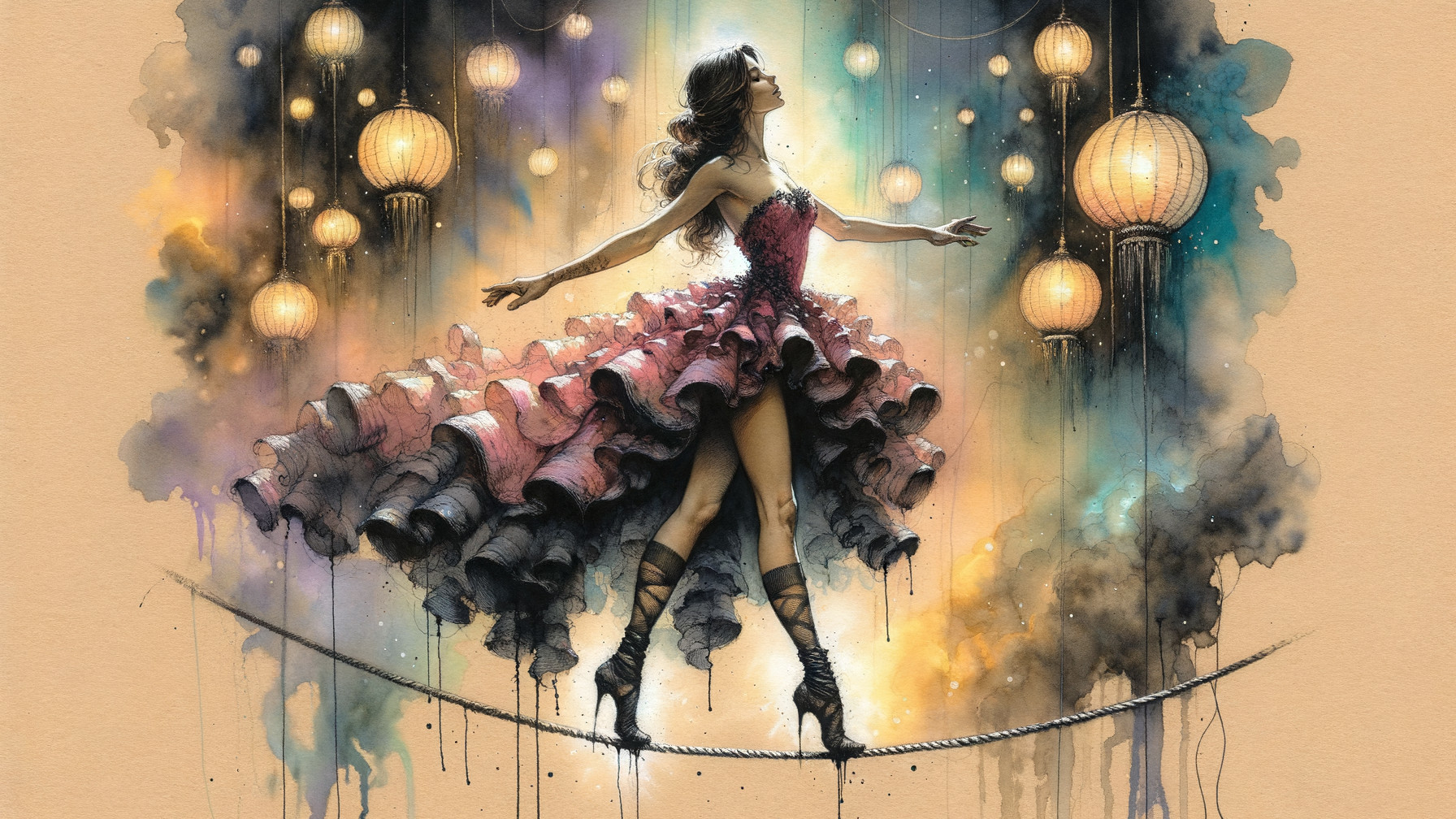 Tightrope Performer in Vibrant Pink Dress and Lanterns