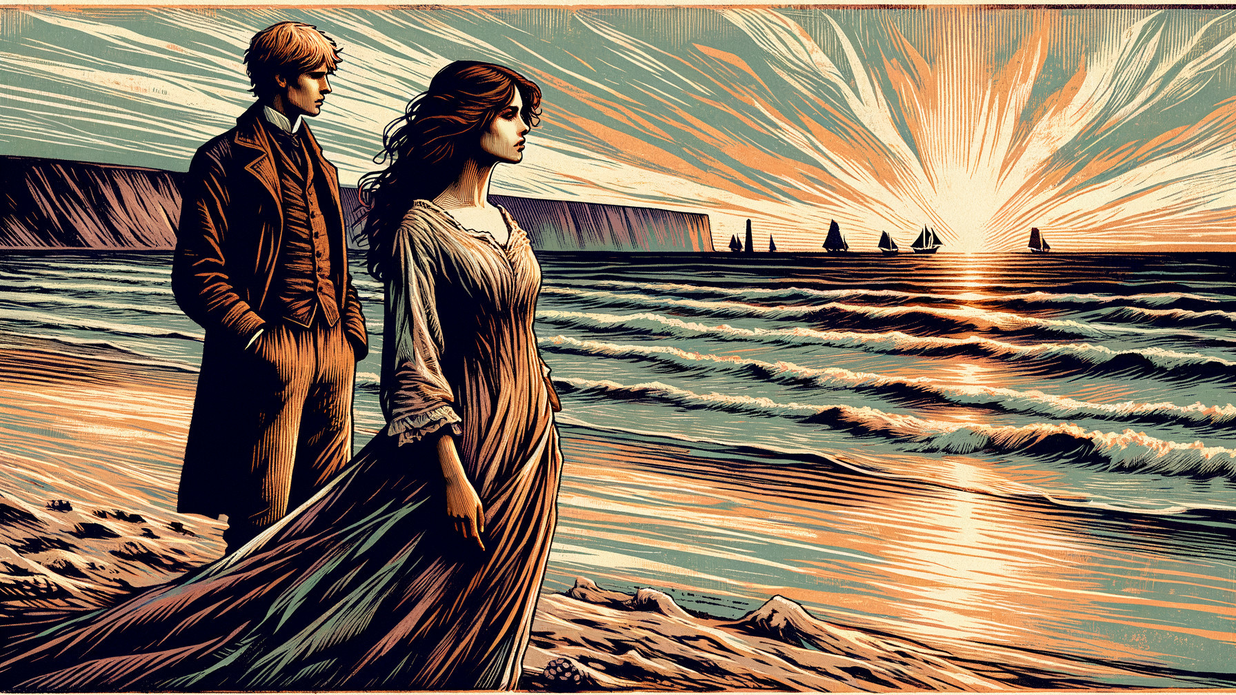 Seaside Sunset with Young Couple in Contemplation