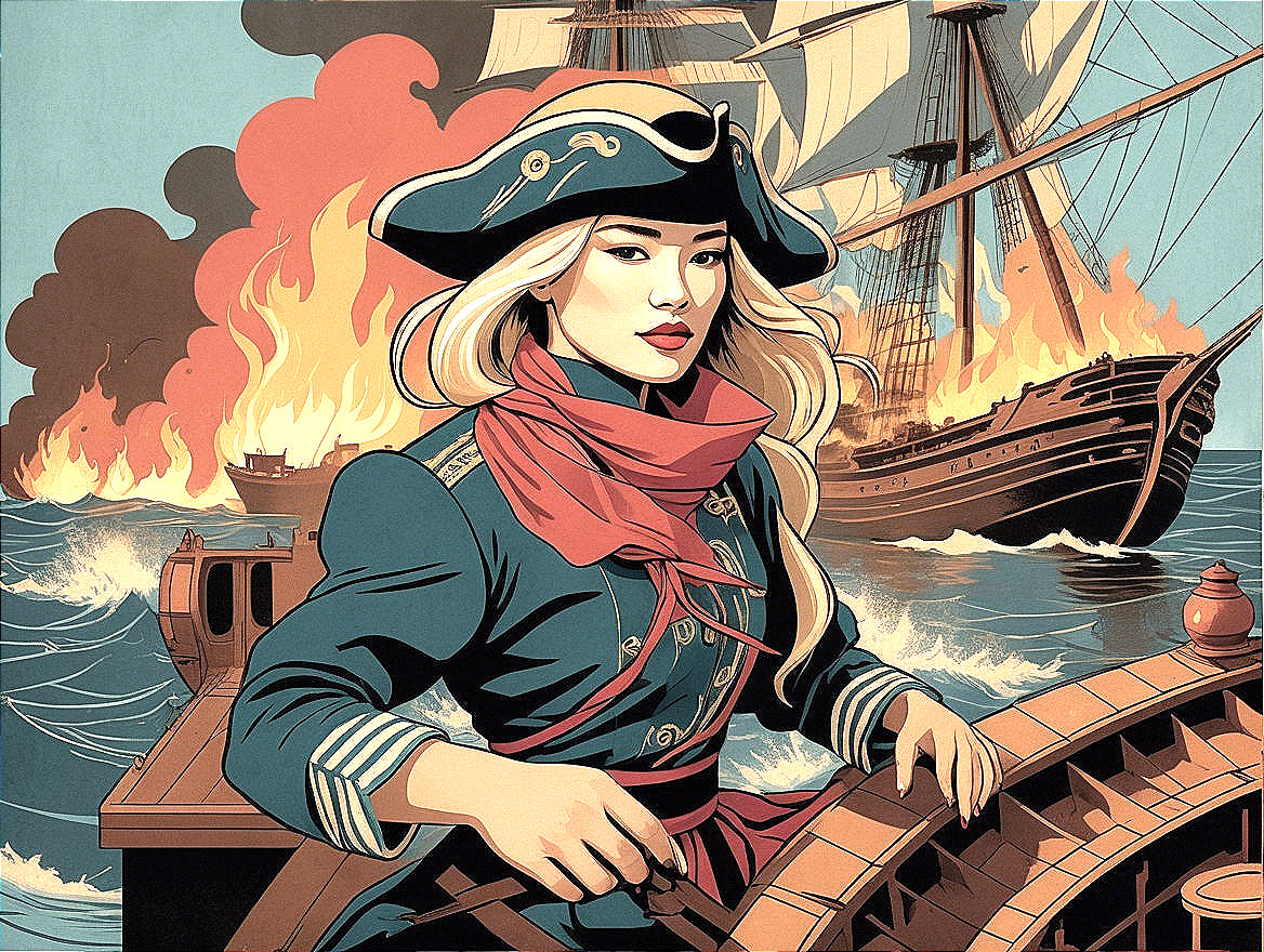 Young woman in navy captain's outfit steering a ship