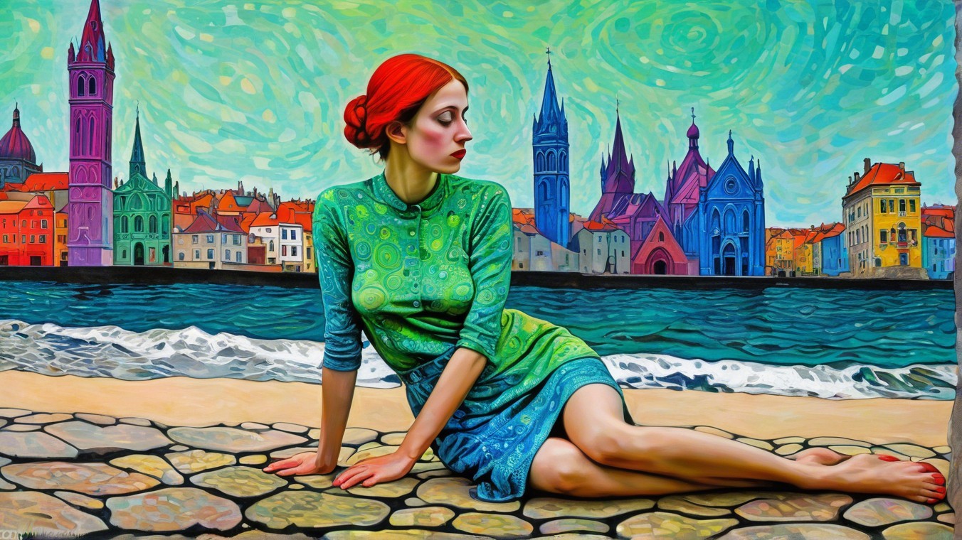 Woman with Red Hair on Cobblestone Shoreline
