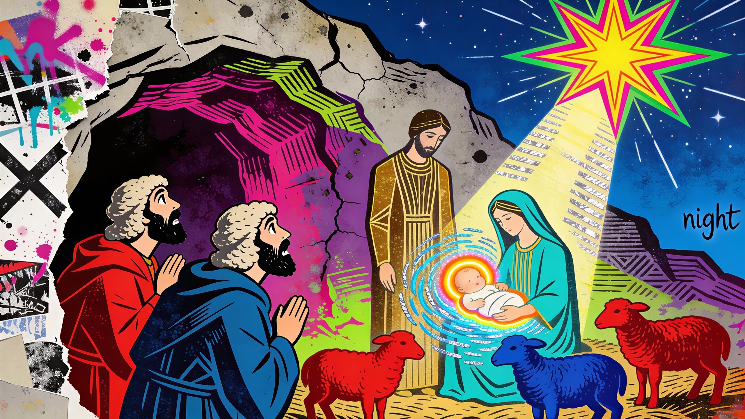 Vibrant Pop Art Nativity Scene with Colorful Elements