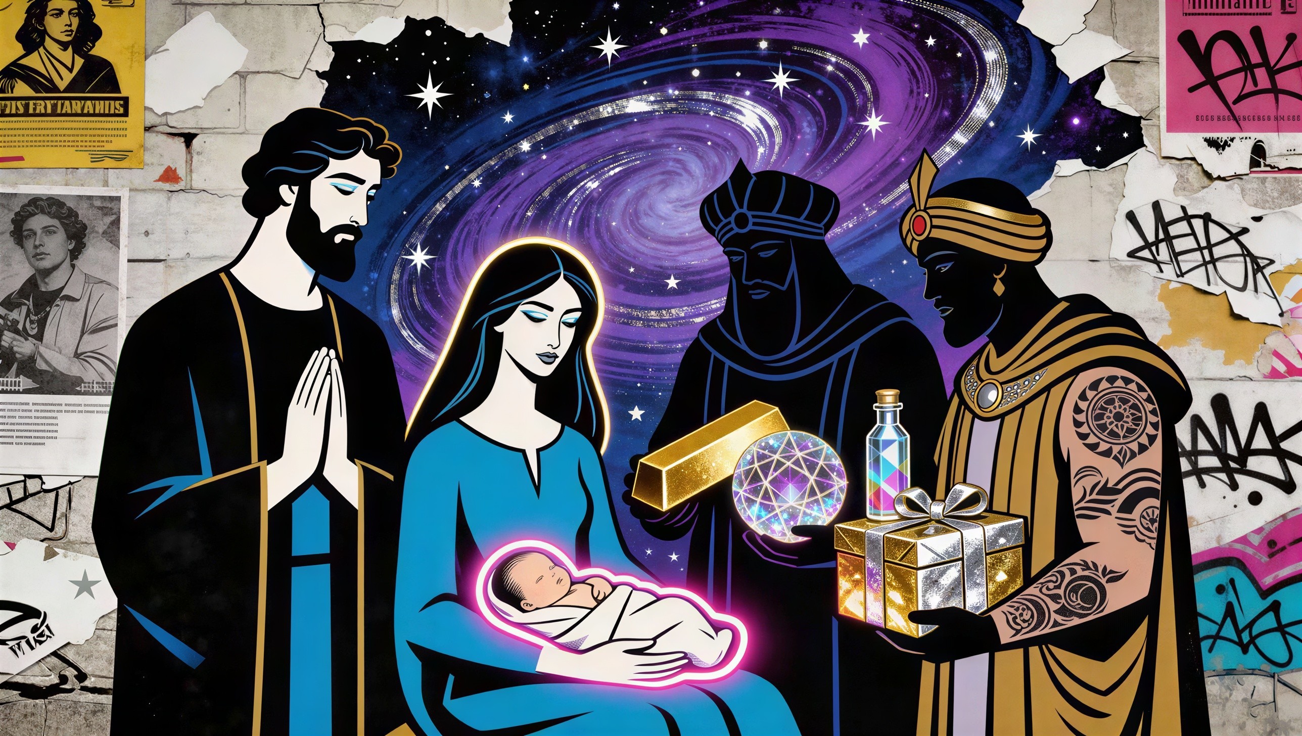 Modern Cartoon Nativity Scene with Galaxy Background