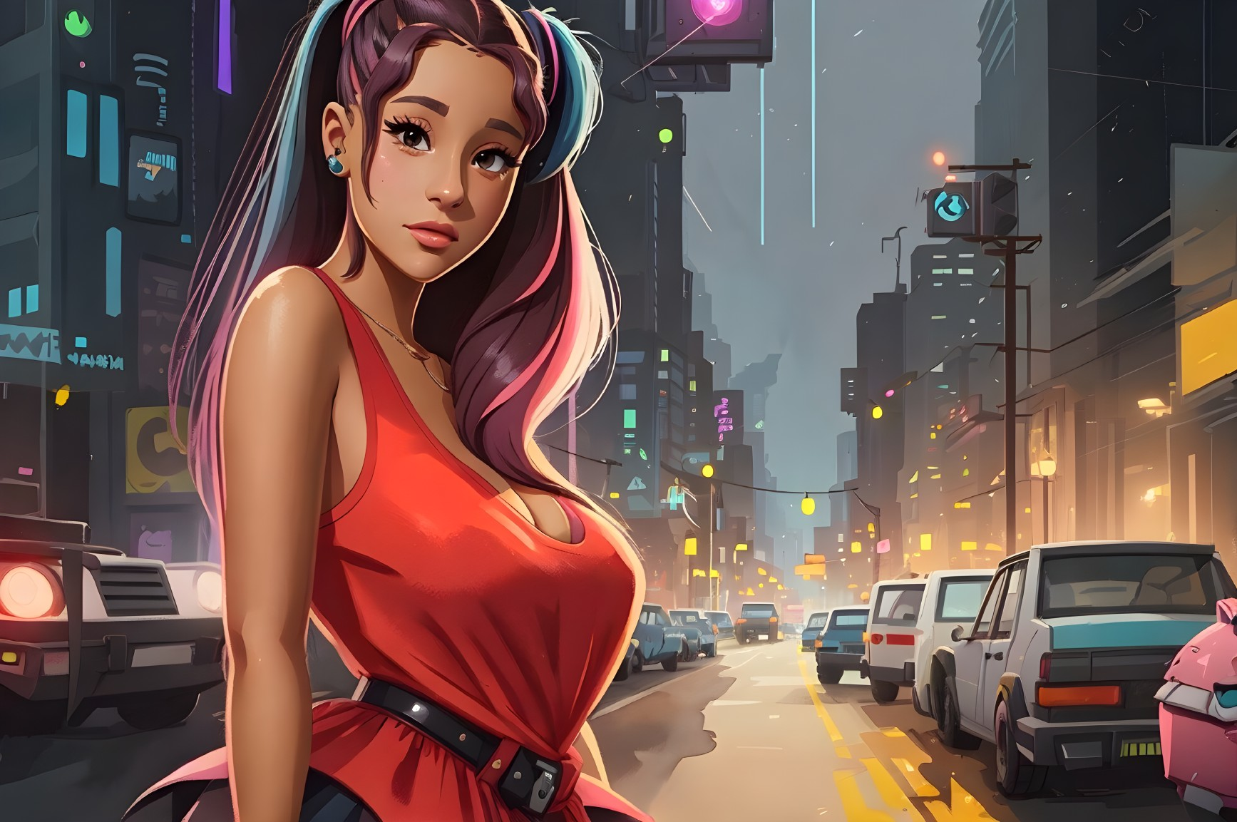 Vibrant City Scene with Colorful Young Woman