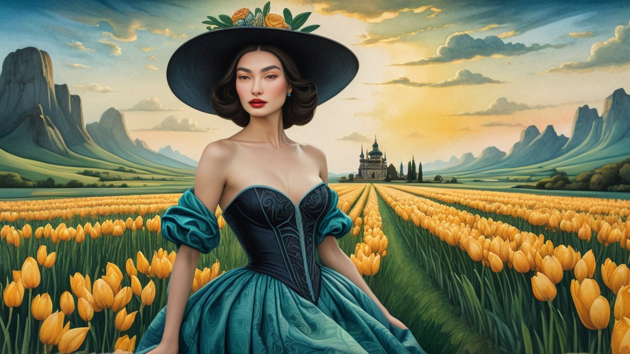 Woman in teal gown among tulips with mountains and castle