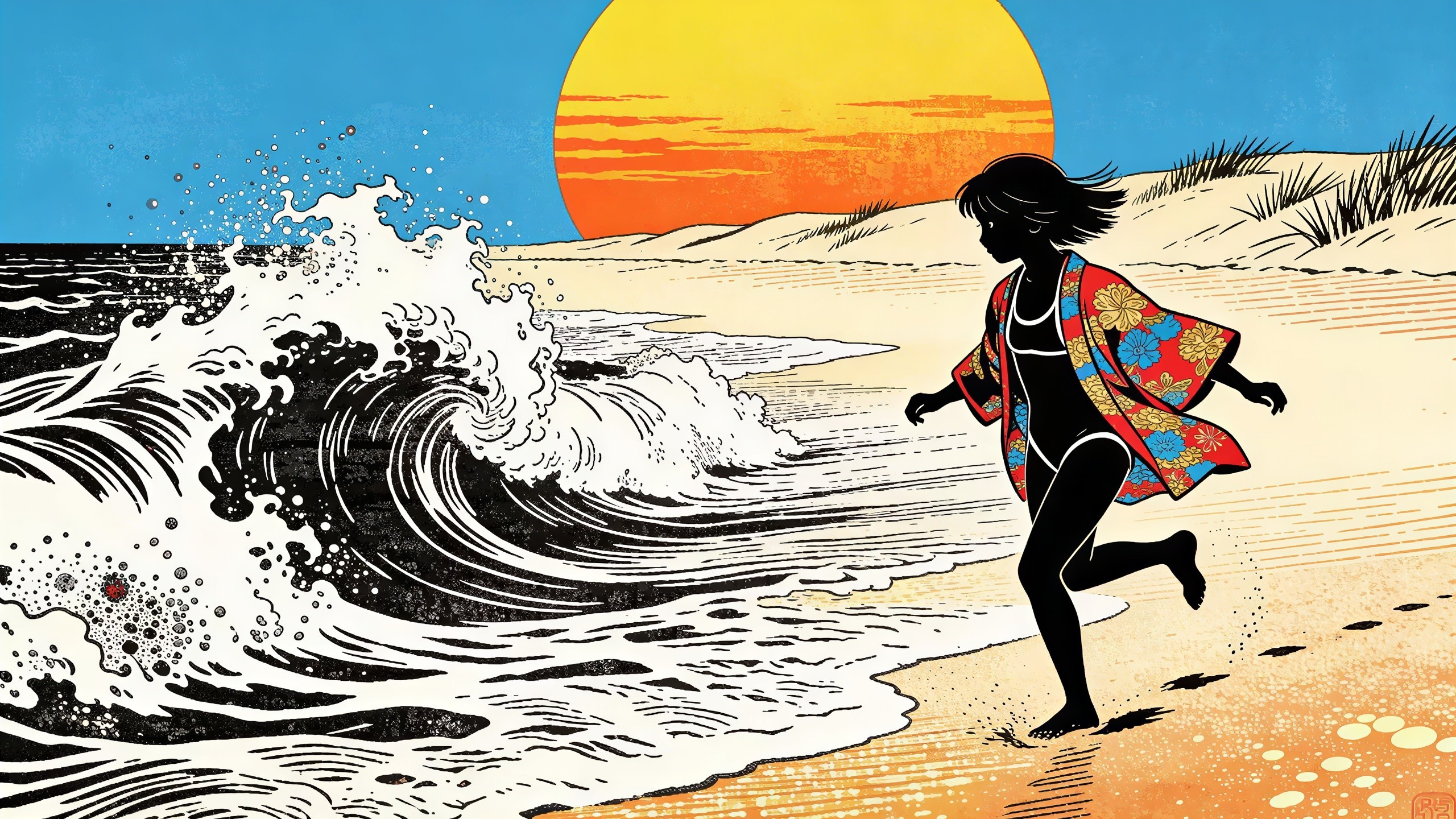 Ink Art Illustration of Woman in Floral Kimono on Beach