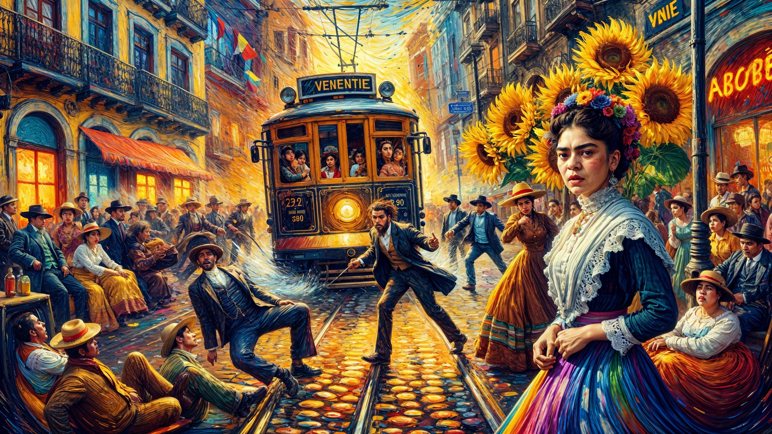 Historic Town Street Scene with Vintage Tram and People