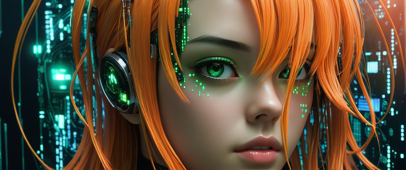 Futuristic Young Woman with Orange Hair and Headphones