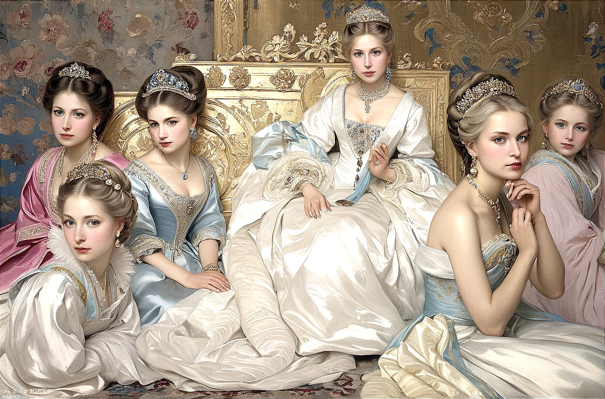 Elegant Women in Luxurious Gowns and Tiaras