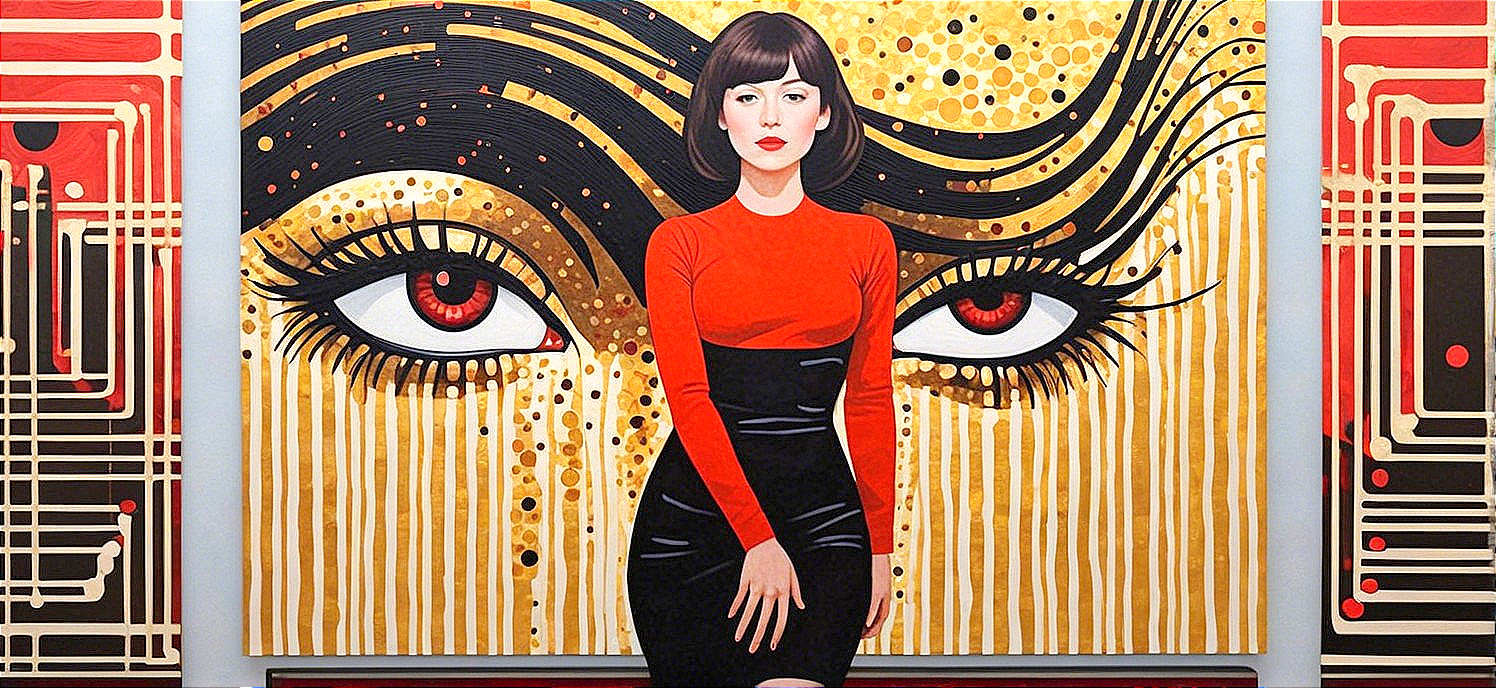 Woman in Red Top Before Bold Abstract Artwork