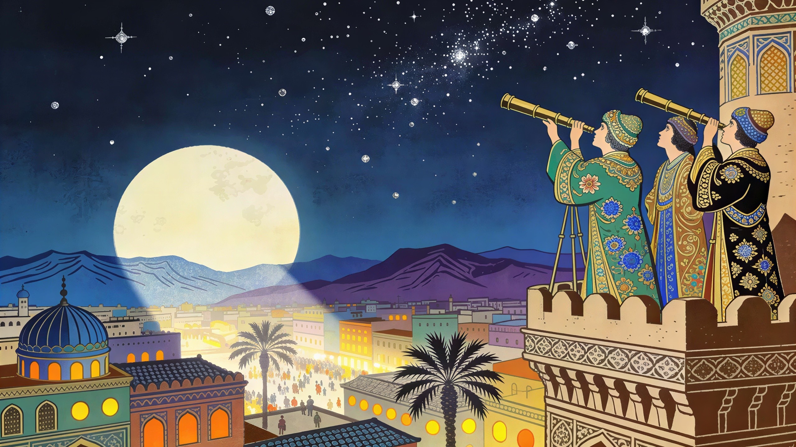 Astrologers Observing Stars from a Tower at Night