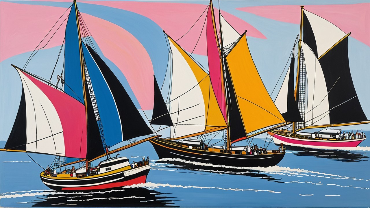 Vibrant Illustration of Sailing Boats in Blue Waters