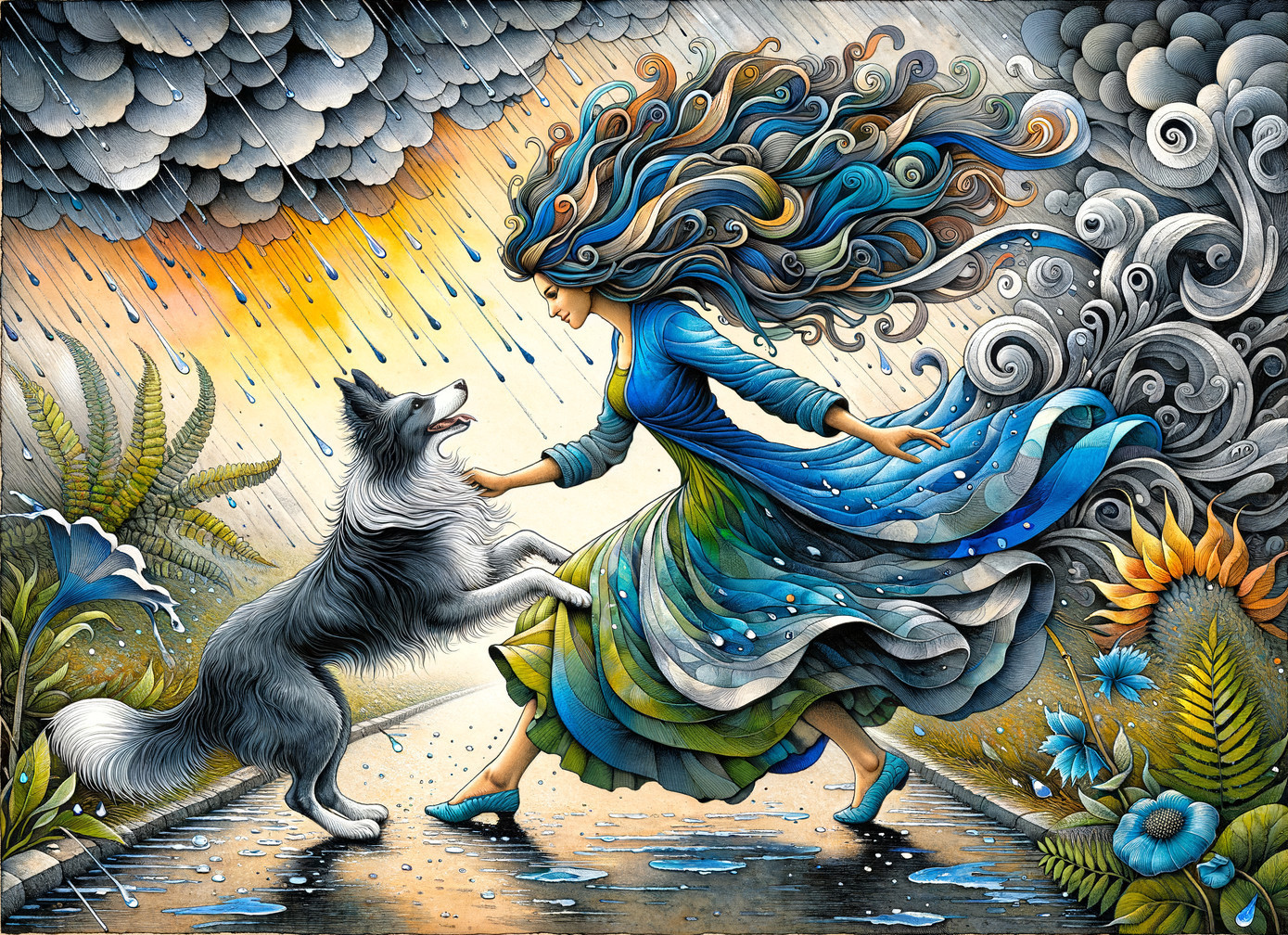 Joyful Woman Dancing in Rain with Playful Dog
