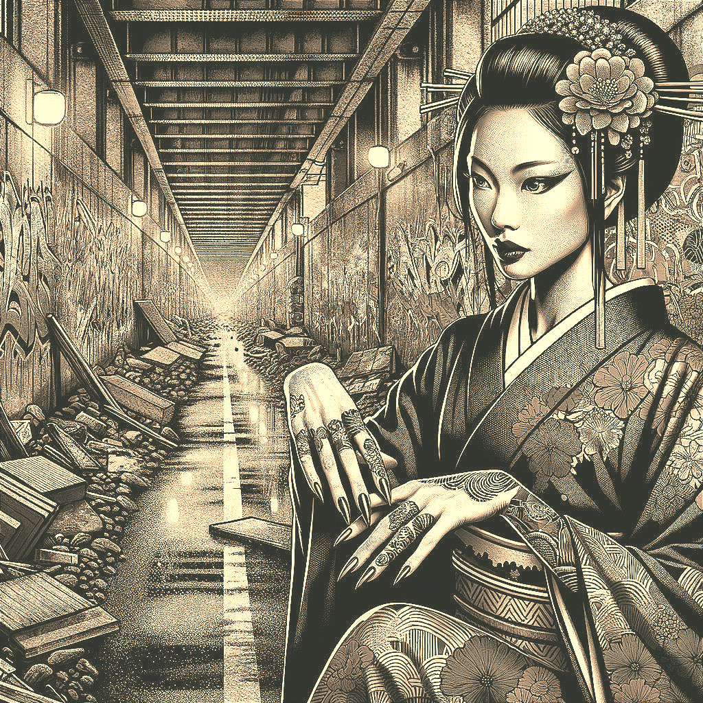 Serene Woman in Traditional Japanese Attire in Corridor