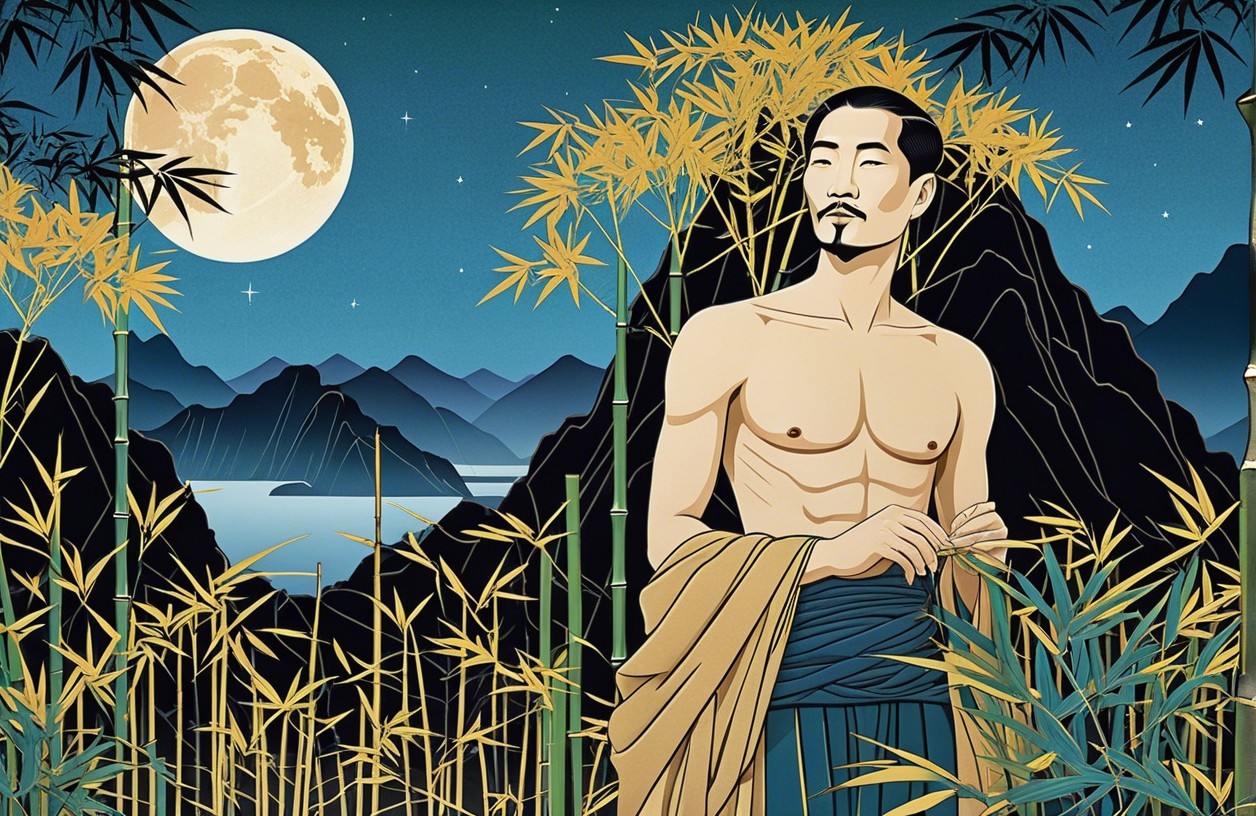 Serene Night Landscape with Bamboo and Mountains