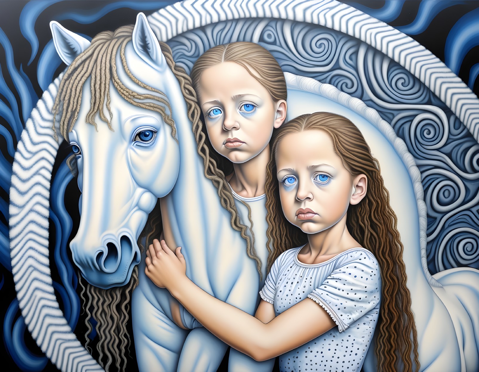 Young girls with horse in ethereal blue backdrop