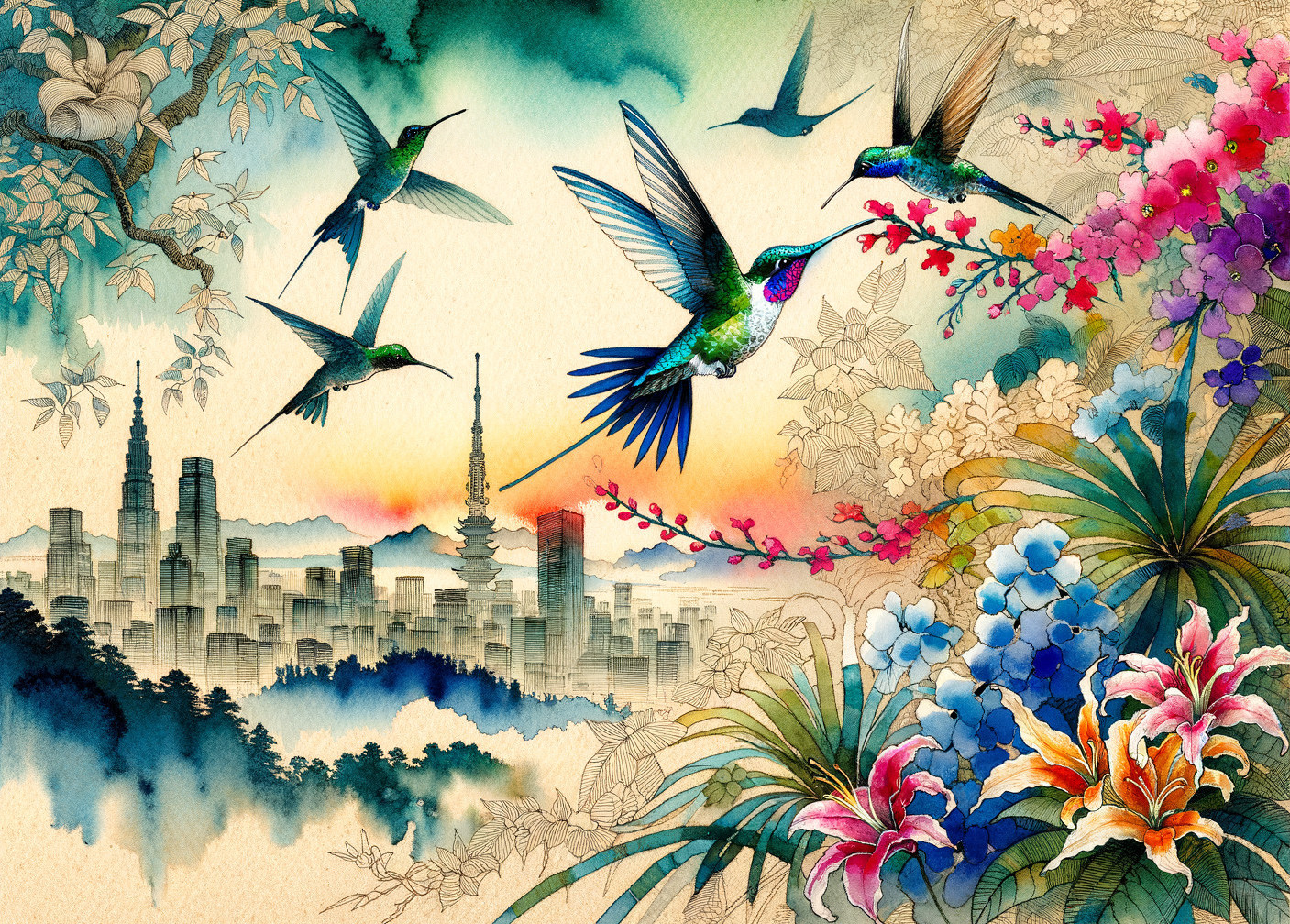 Colorful Hummingbirds and Tropical Flowers in Watercolor