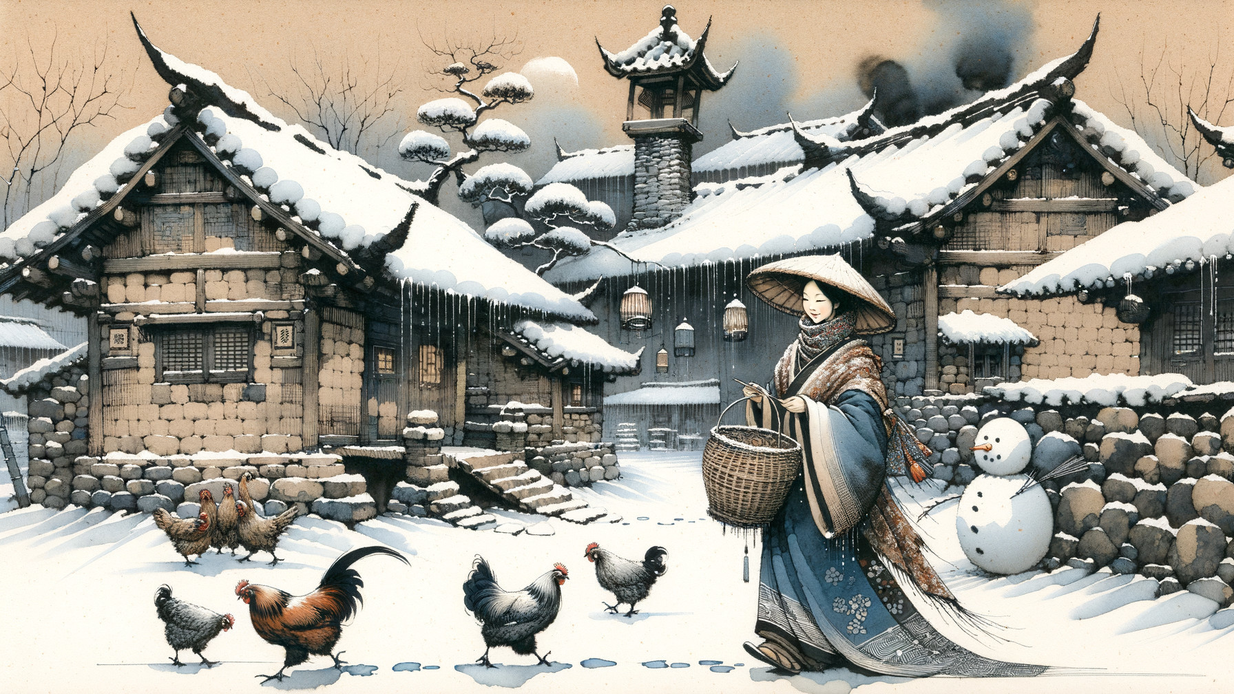 Winter Village Scene with Woman in Traditional Attire