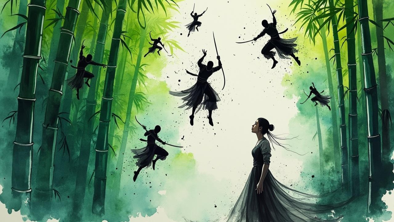Woman in Bamboo Forest with Shadowy Acrobatic Figures