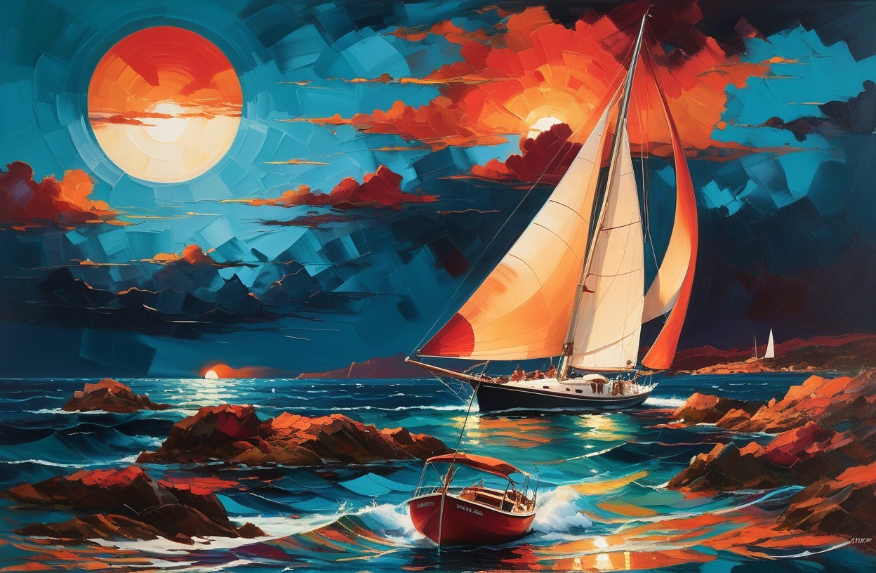 Vibrant Seascape with Sailboat and Dramatic Sky