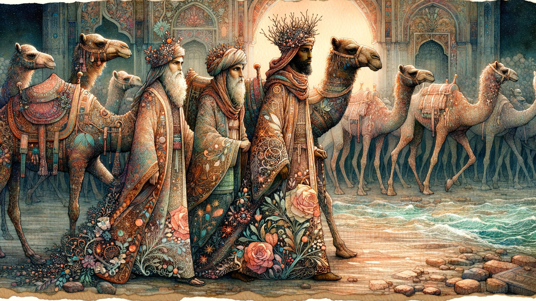 Magi in Colorful Robes with Camels in Ornate City