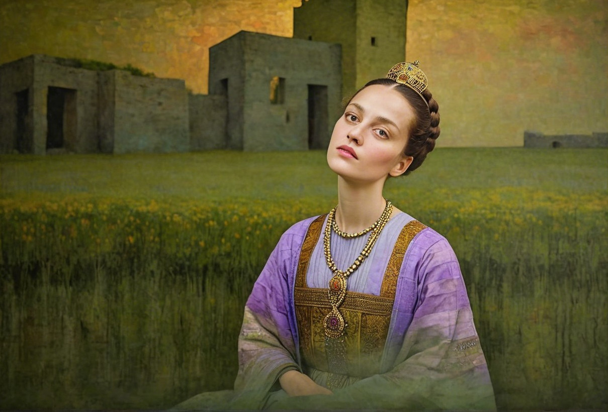 Young woman in elegant gown with serene landscape backdrop