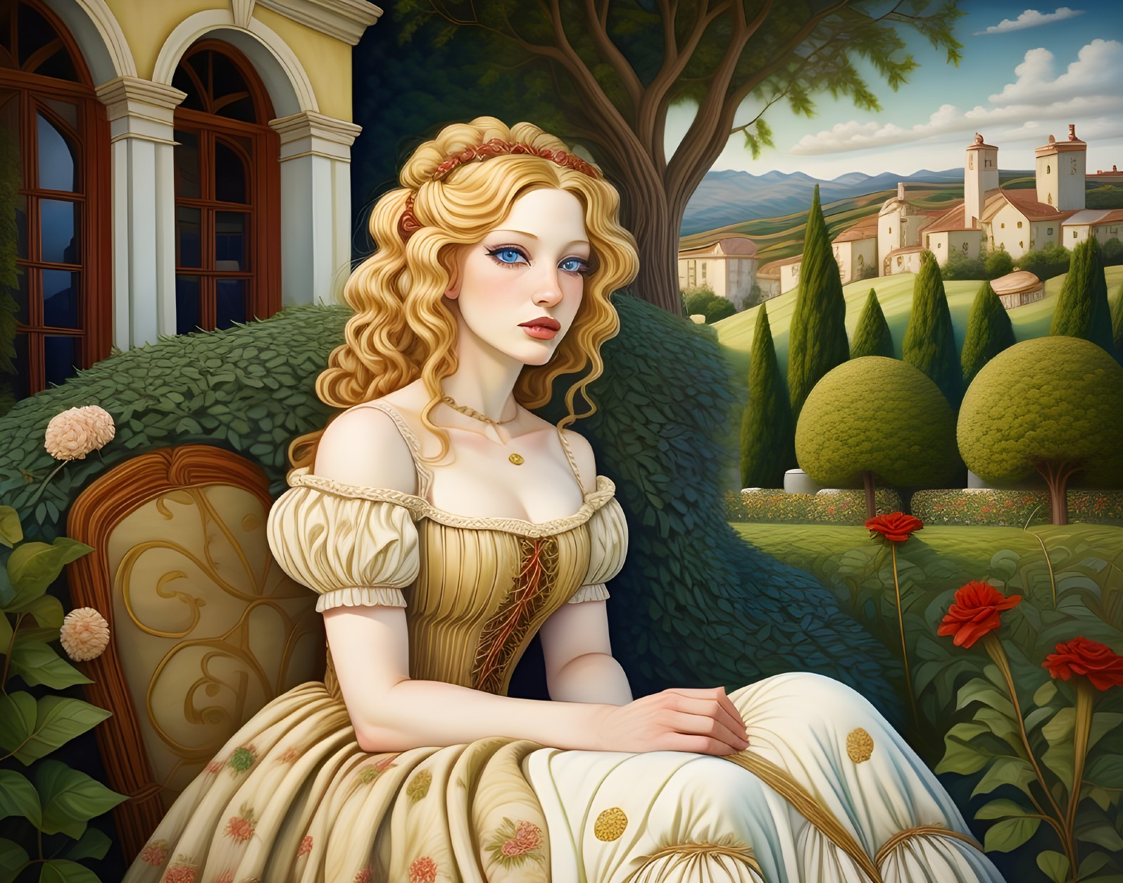 Young Woman in Ivory Gown in Picturesque Garden