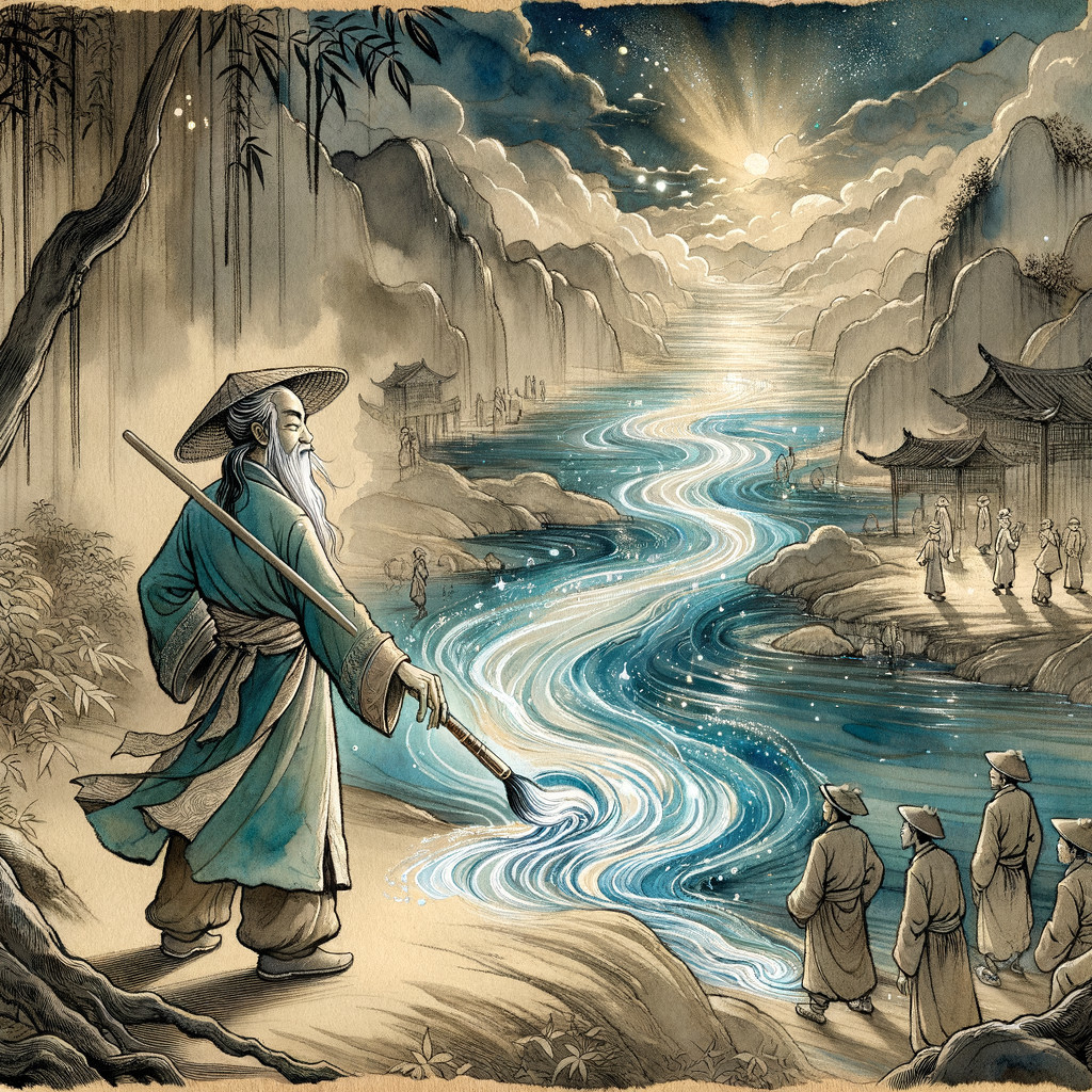 Elderly Sage by Glowing River in Mystical Landscape