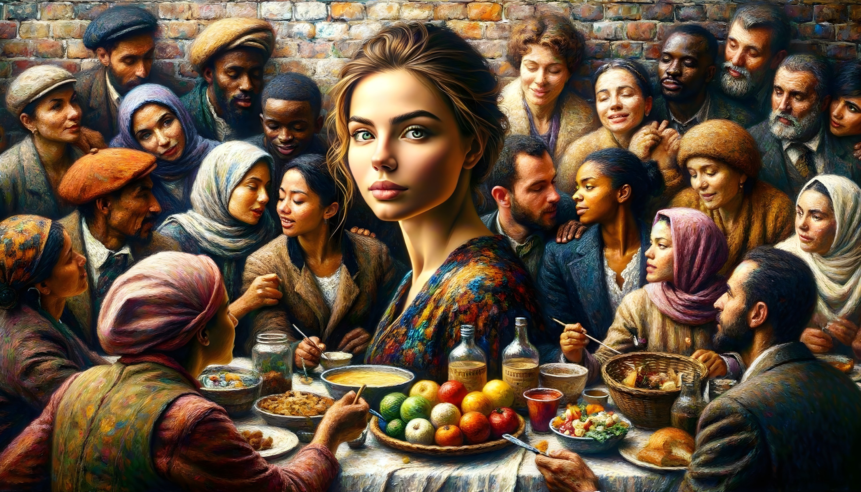 Woman at a communal banquet with diverse guests