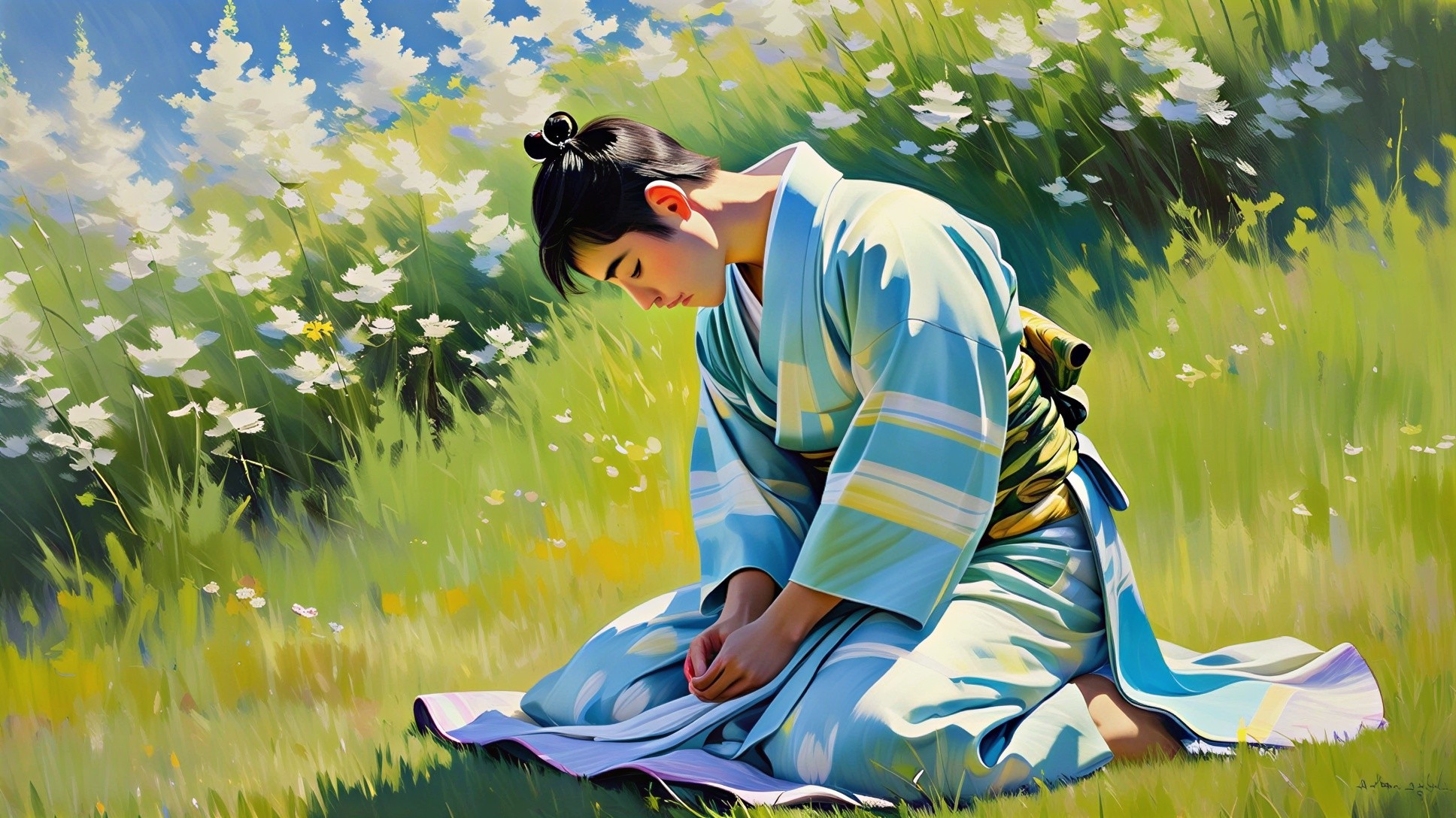 Young person in kimono seated in sunlit meadow