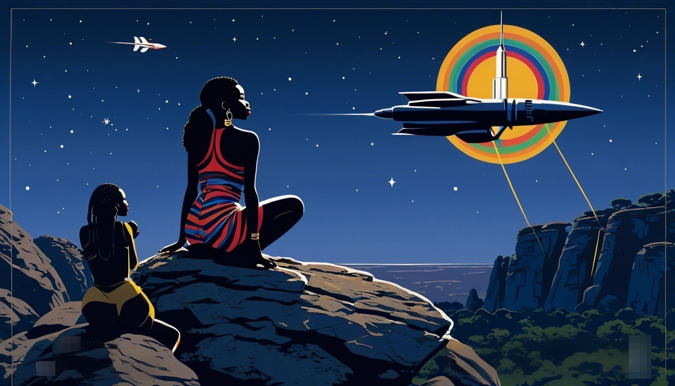 Women on Rocky Outcrop Under Starry Sky with Rocket