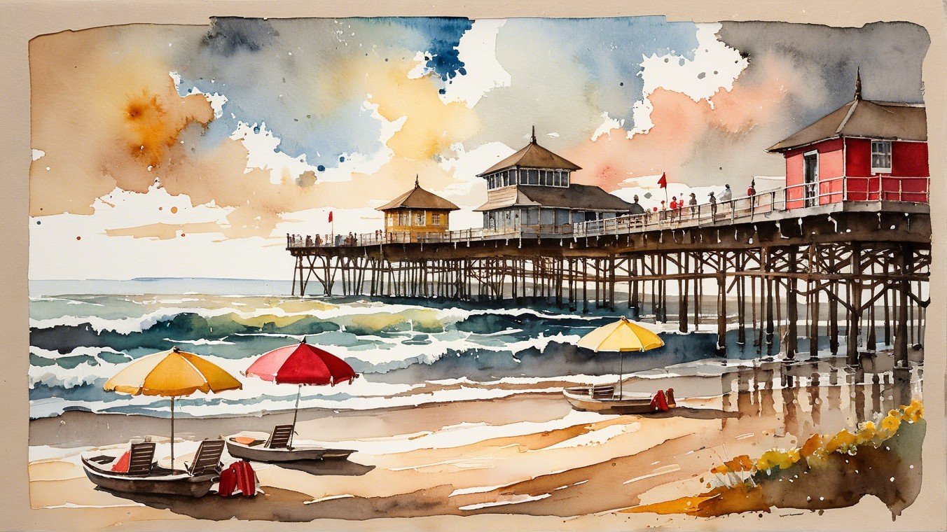Vibrant Watercolor Beach Scene with Pier and Umbrellas