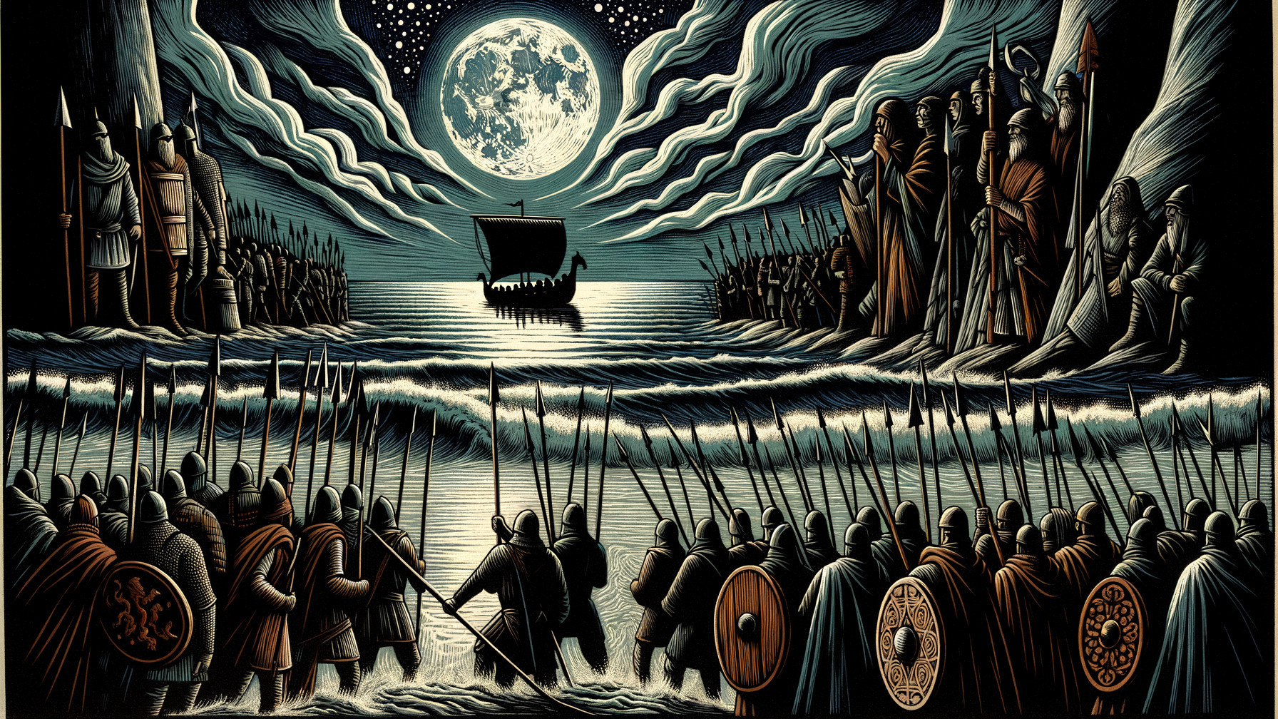 Dramatic Night Scene with Warriors and Seafaring Vessel