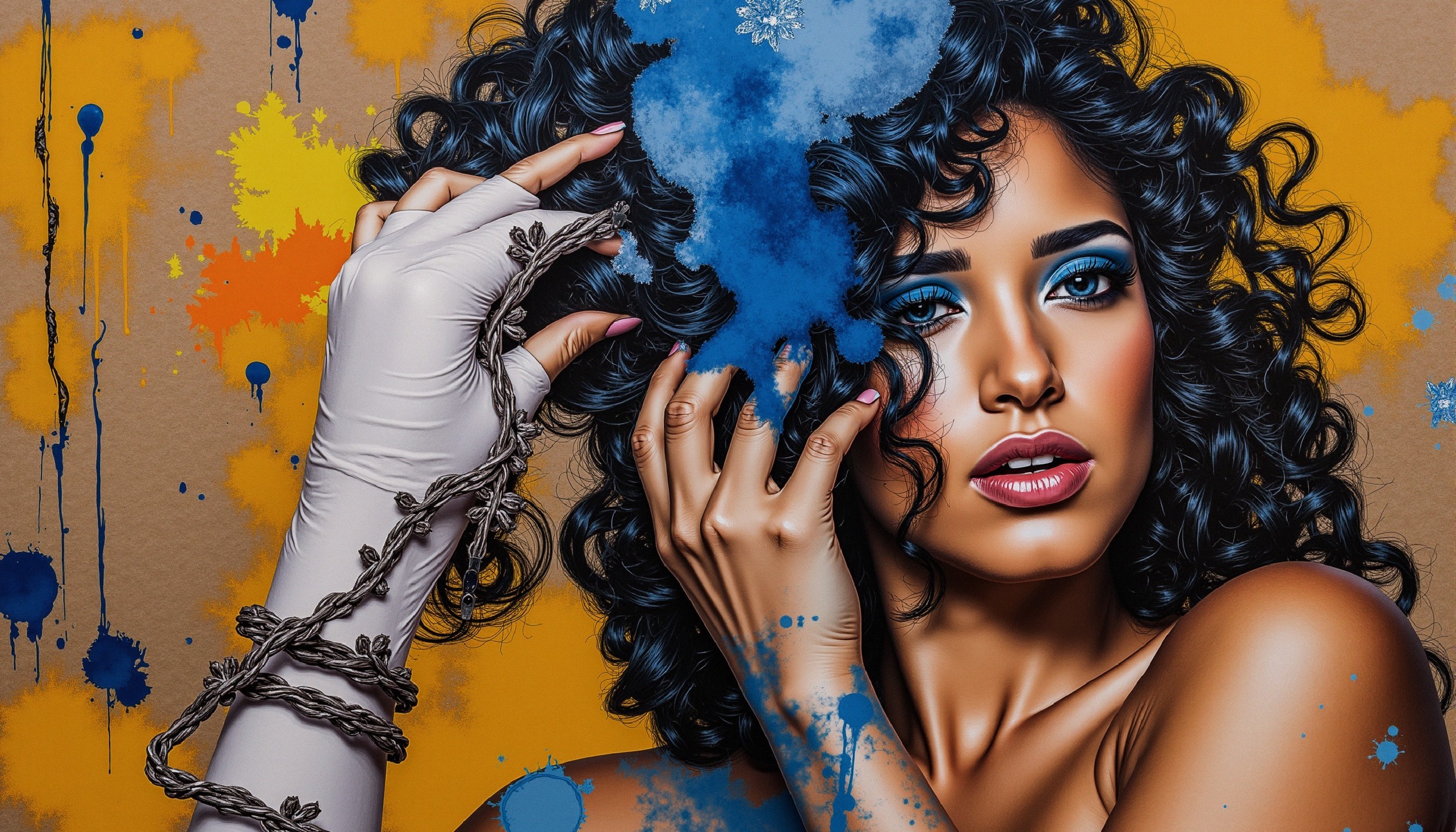 Portrait of a woman with curly hair and bold makeup