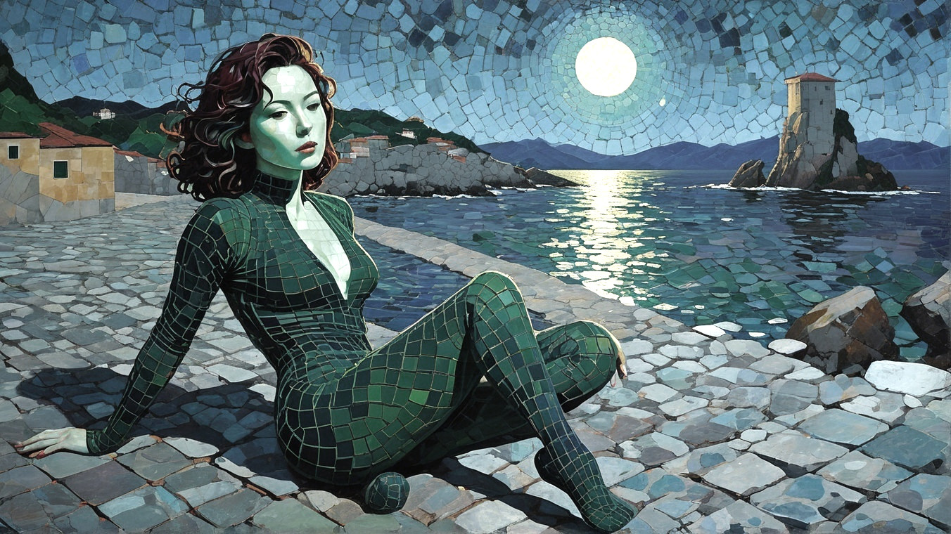Mosaic Illustration of a Green-Skinned Woman by Coastline