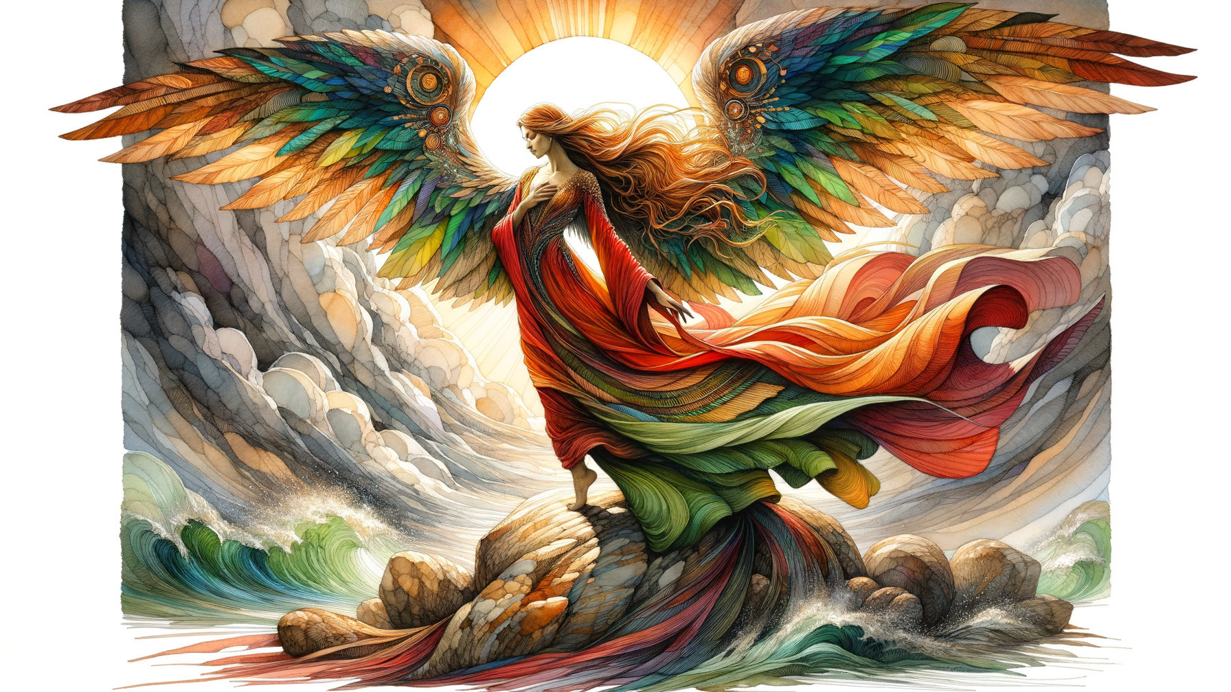 Majestic figure with colorful wings on rocky shore