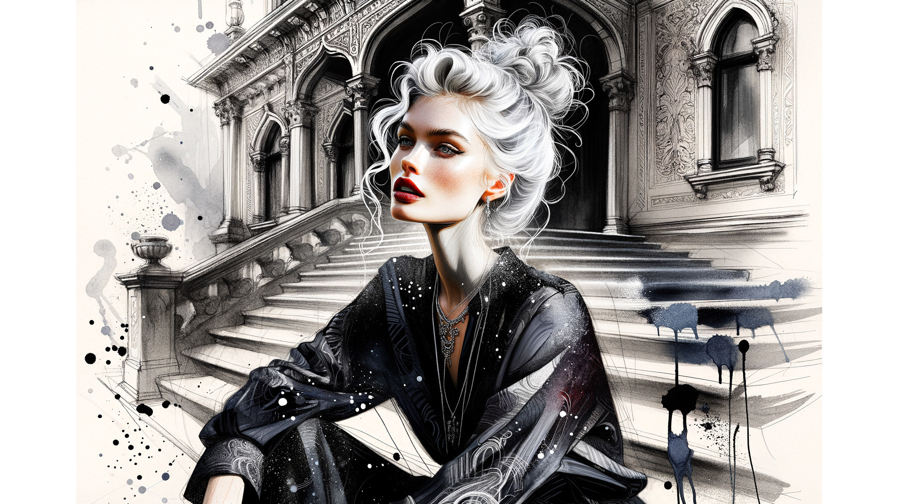 Elegant Portrait of a Woman on a Grand Staircase