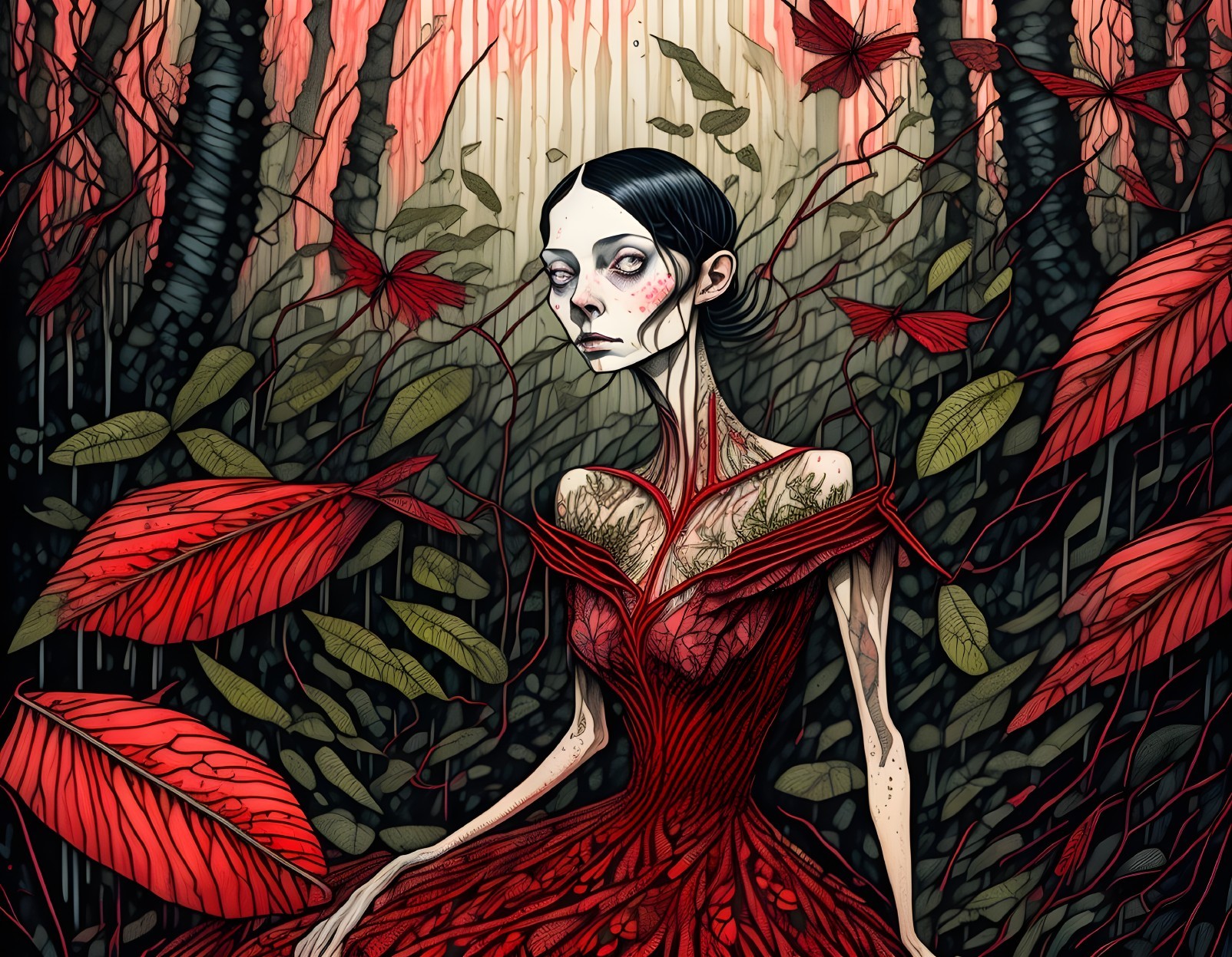 Haunting Woman in Red Dress Among Dark Trees