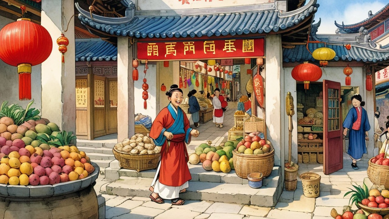 Vibrant Market Scene in Ancient Chinese Town
