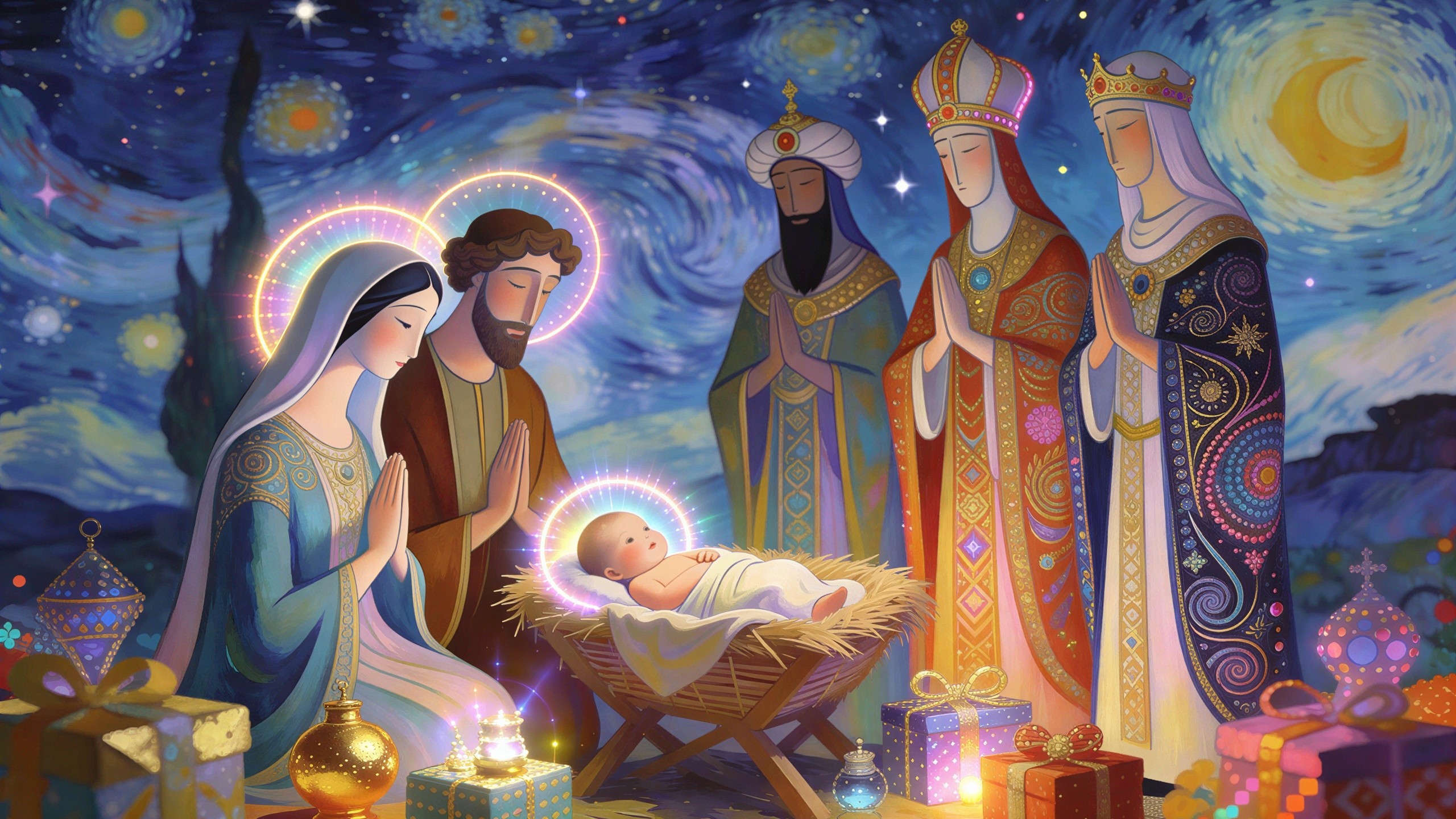 Impressionistic Stained-Glass Nativity Scene Painting
