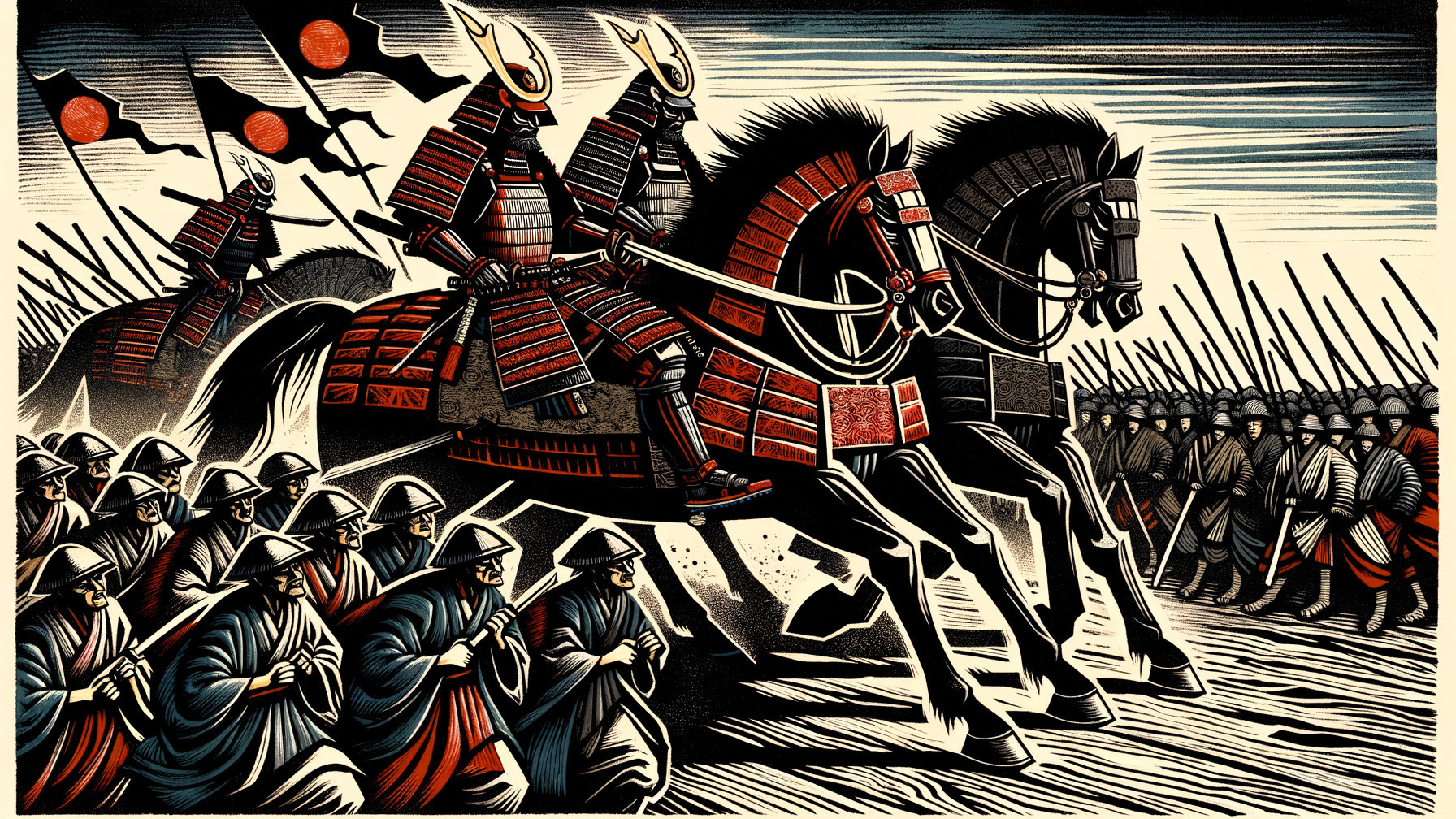 Armored Samurai on Horseback in Battle Charge Scene