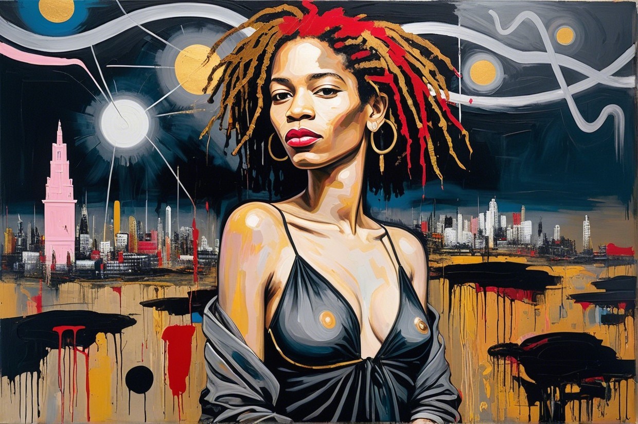 Portrait of a Woman with Red Dreadlocks and Skyline