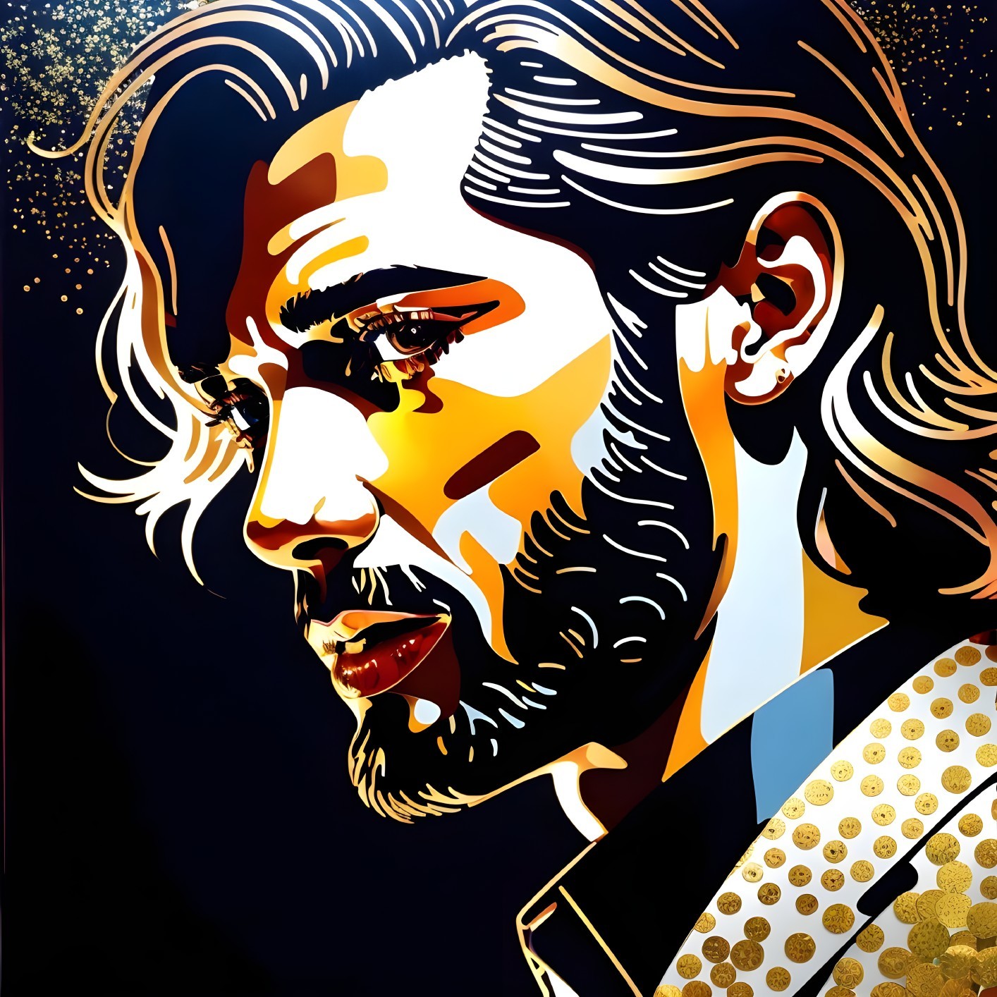 Vibrant portrait of a bearded man in bold yellows and blues