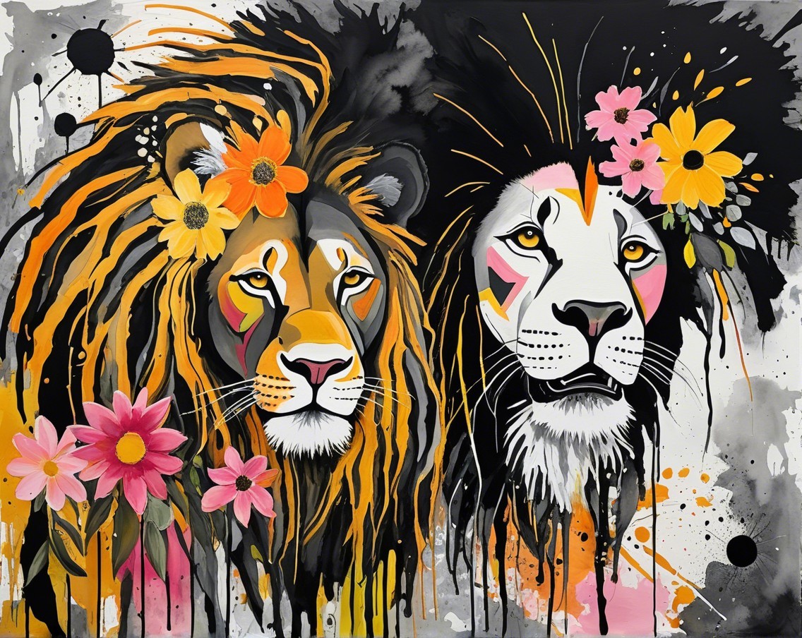Lions with Colorful Manes and Floral Accents