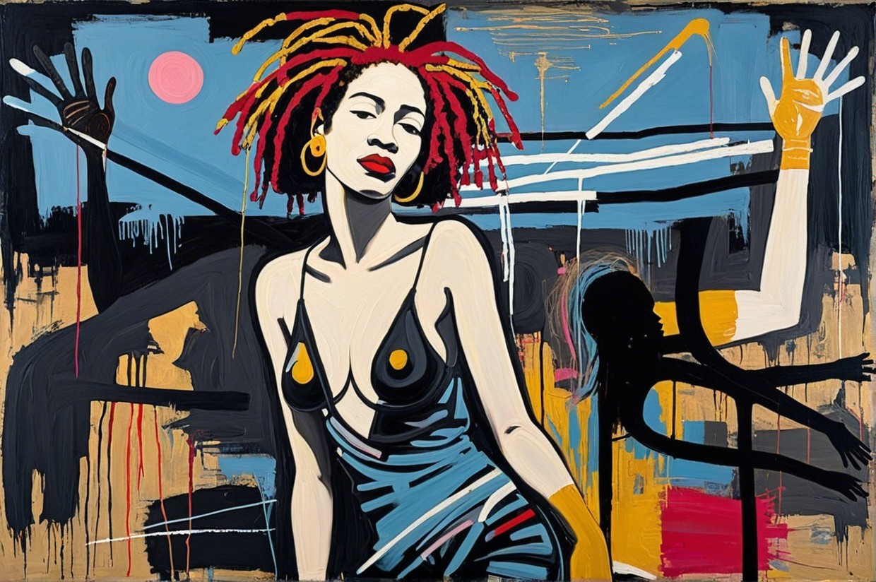 Stylized Female Figure with Red Hair and Abstract Background