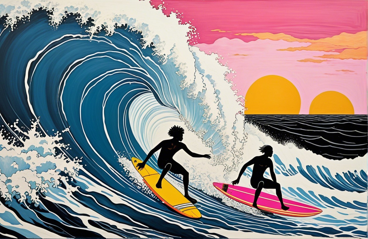 Surfers on Colorful Boards Against Sunset Waves