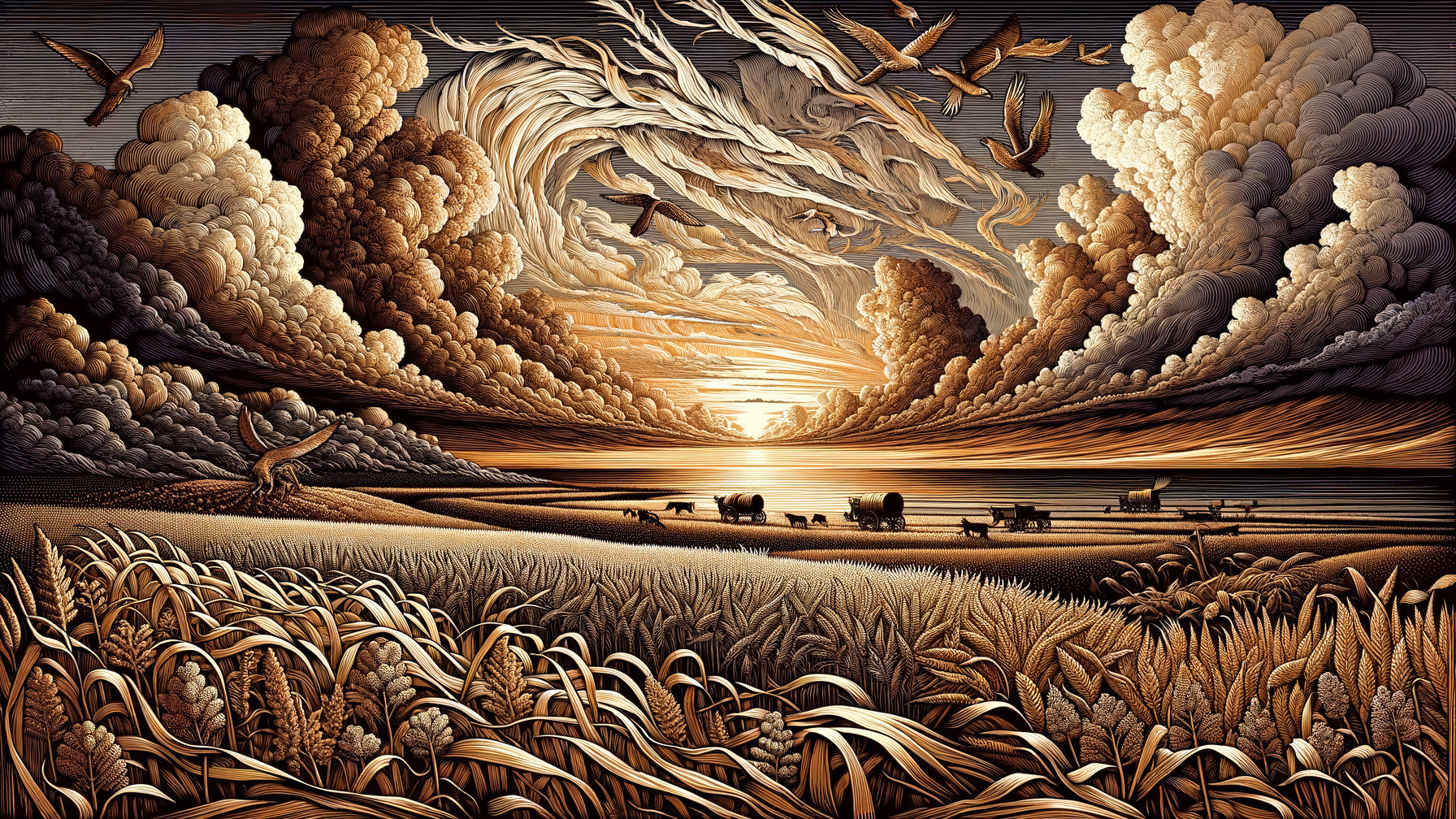 Dramatic Sunset Over Tranquil Wheat Field Landscape