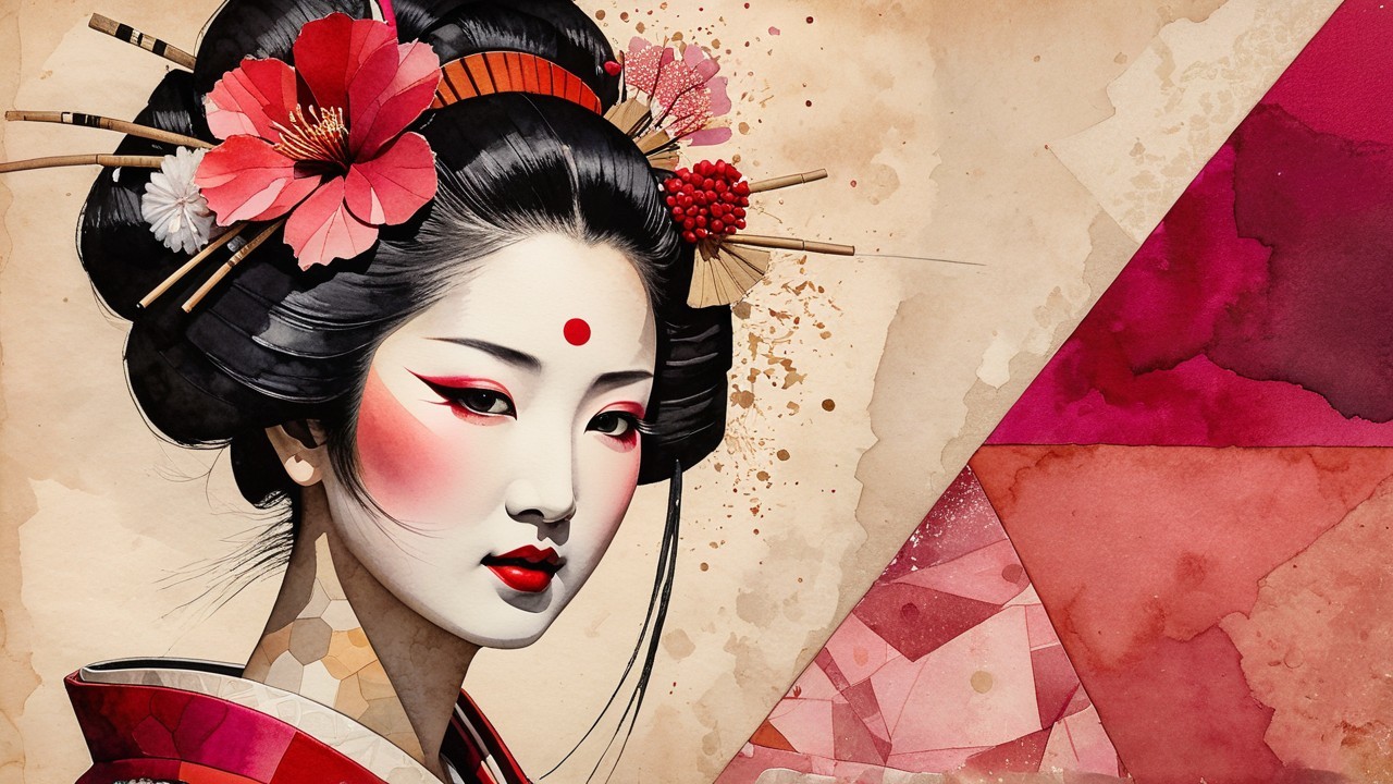 Stylized portrayal of a geisha with floral adornments