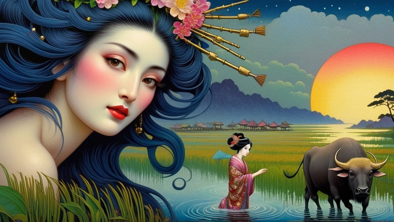 Vibrant Scene of Woman with Blue Hair in Sunset Landscape