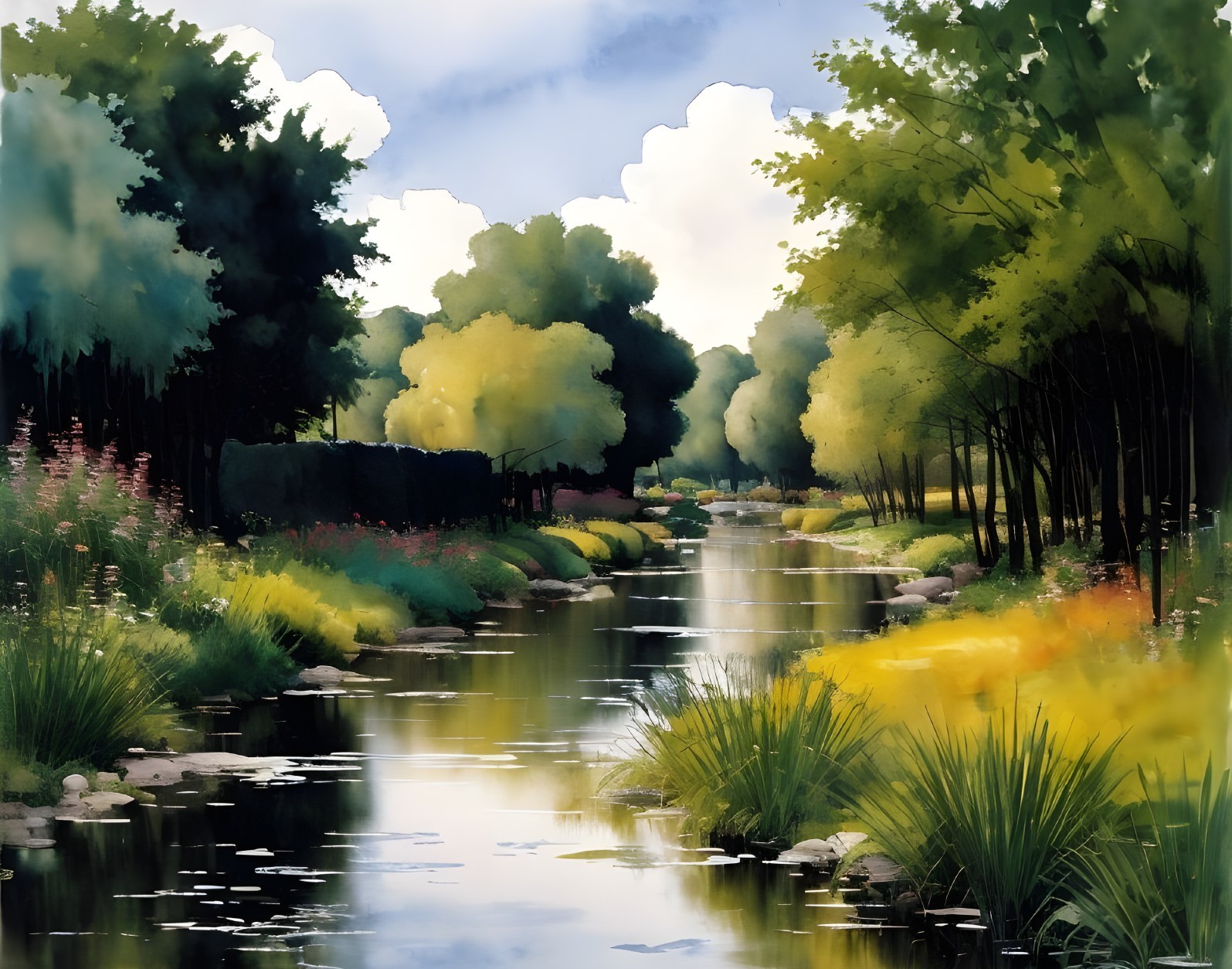 Tranquil River Scene with Lush Greenery and Flowers